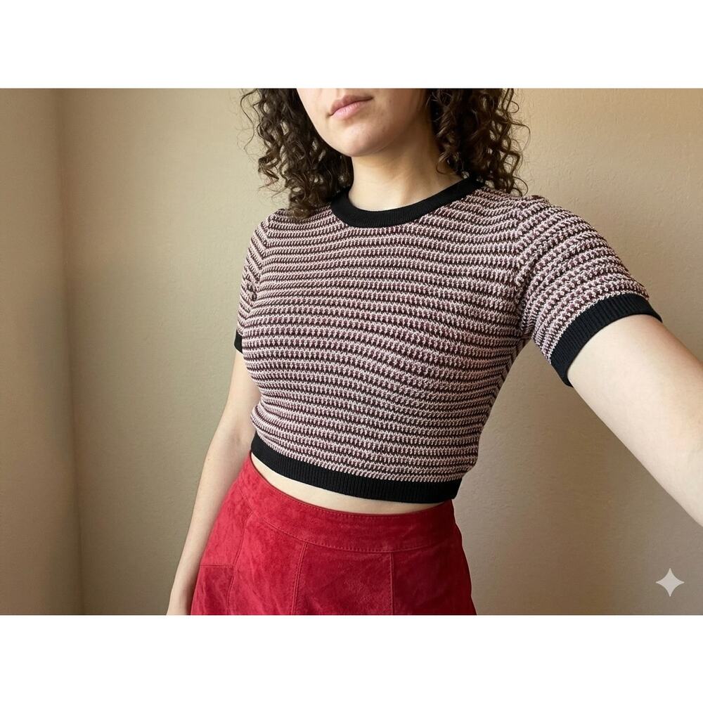 Intimately Free People Knit Crop Top Black Motif Viscose Short Sleeve Retro Boho